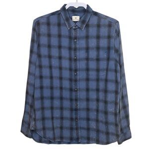 AG Adriano Goldschmied Colton Shirt Mens M Blue Black Plaid Button Up Grunge NEW